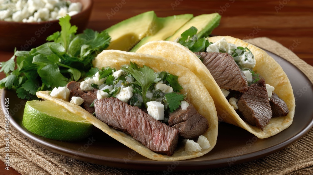 Soft and crispy tacos filled with savory meat, topped with sauce, avocado, and herbs on a rustic wooden table