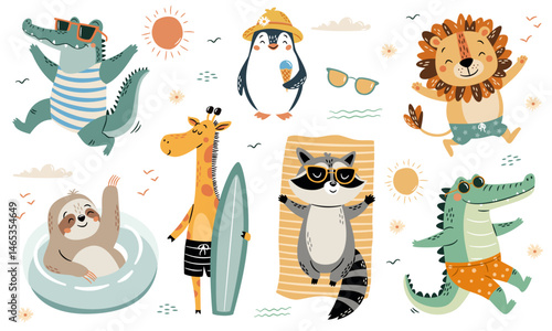 A set of flat vector illustrations in a simple children's style. Cute animals on beach vacation in swimsuits. Crocodile lion penguin sloth raccoon and giraffe. Vector illustration
