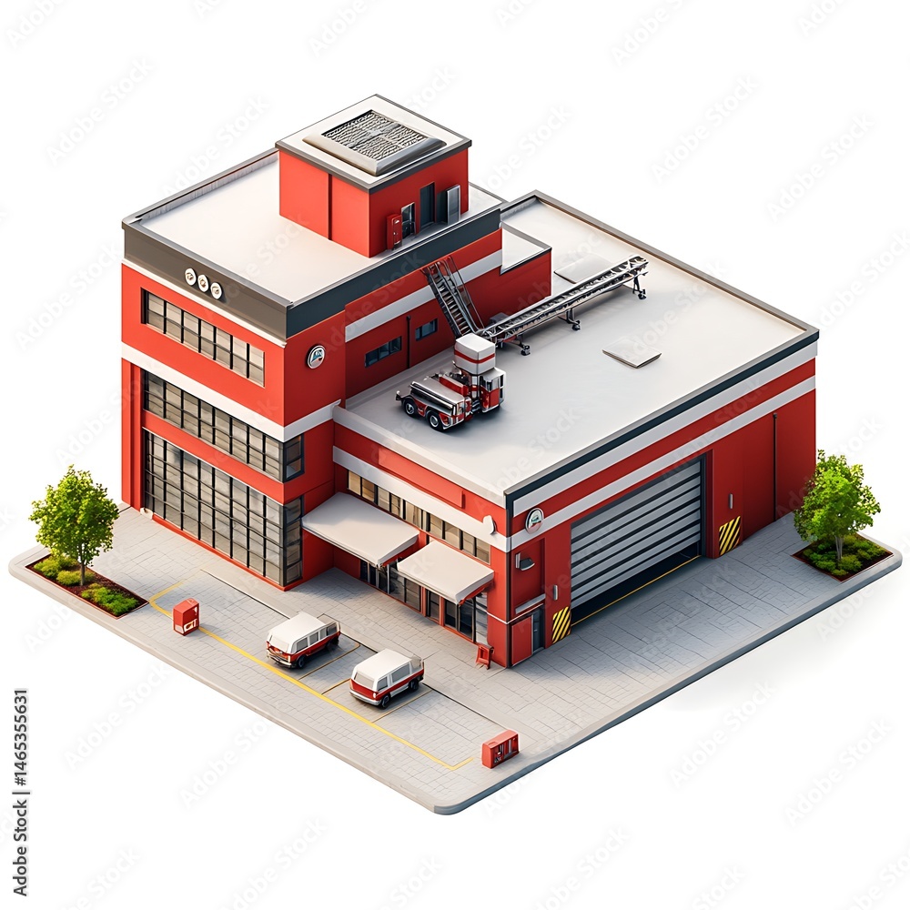 Modern Industrial Building: An isometric view showcasing a sleek, contemporary industrial building with vibrant red and white accents. The scene depicts a well-maintained facade. Modern Industrial Building: An isometric view showcasing a sleek, contemporary industrial building with vibrant red and white accents. The scene depicts a well-maintained facade.