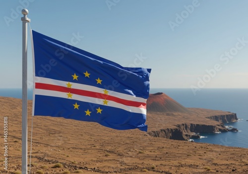 Waving Cape Verdean Flag Symbolizing Atlantic Heritage Against a Rugged Volcanic Island Landscape