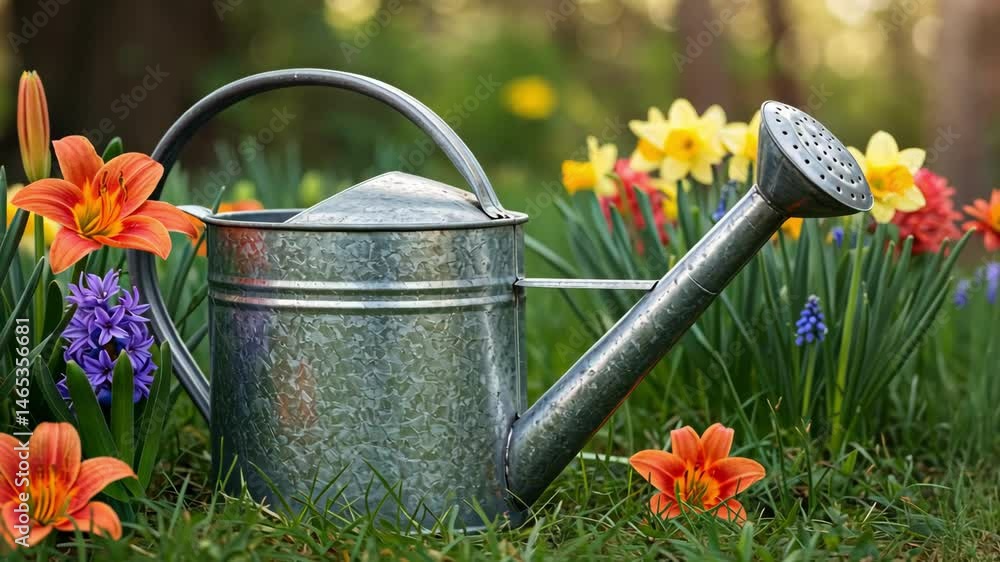 Watering can surrounded by blooming flowers Watering can surrounded by blooming flowers