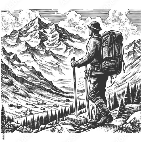 hiker standing on alpine mountain ridge, gazing at a scenic valley and lake, evoking adventure and exploration sketch engraving generative ai vector illustration. Scratch board. Black and white image.