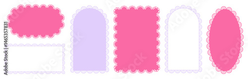 Set of pink scalloped frames with wavy shapes. Template for postcard designs and decorative sticker elements. Wave-style borders on a transparent background
