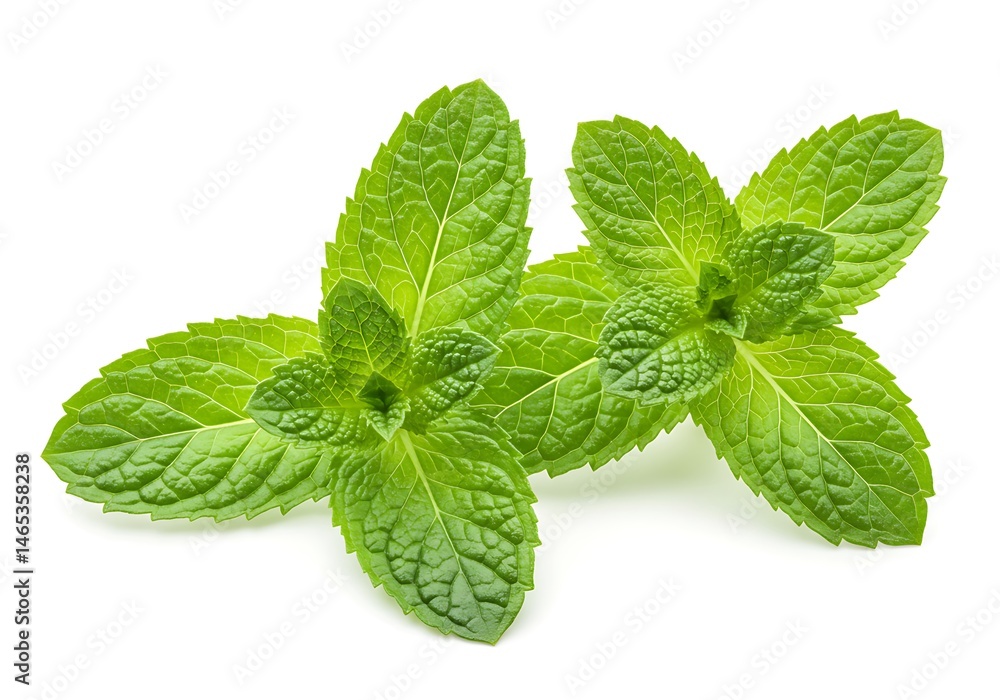 Close up of two sprigs of fresh green mint leaves isolated on a white background in a studio shot Close up of two sprigs of fresh green mint leaves isolated on a white background in a studio shot