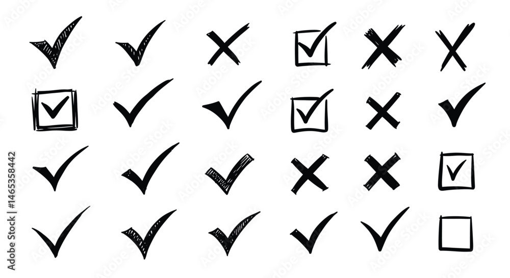 Doodle Tick and Cross Set – Hand-Sketched Yes and No Icons for Design Doodle Tick and Cross Set – Hand-Sketched Yes and No Icons for Design