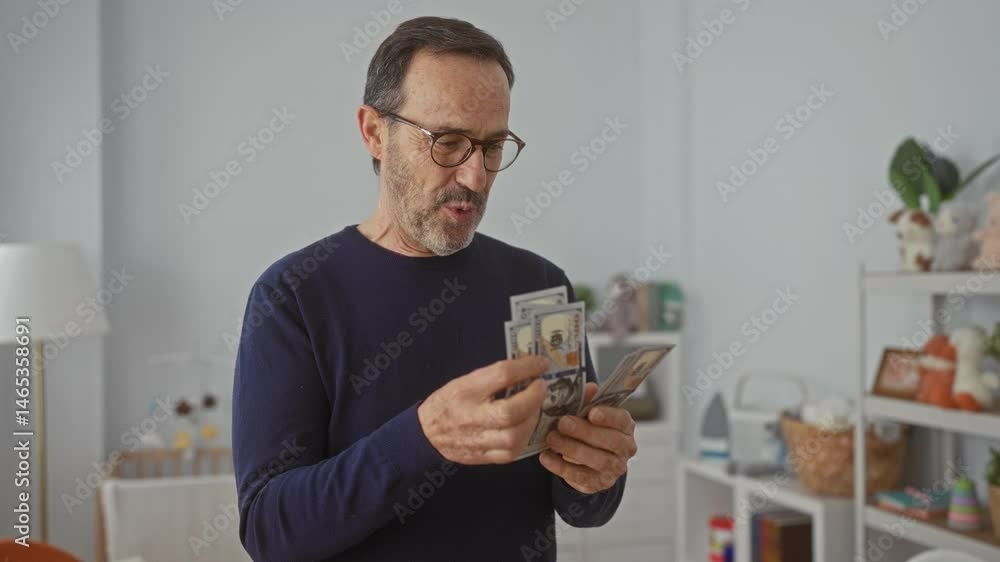 Mature man holding dollars standing in a cozy bedroom filled with toys and decor reflecting a warm and inviting interior atmosphere Mature man holding dollars standing in a cozy bedroom filled with toys and decor reflecting a warm and inviting interior atmosphere