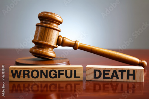 Wooden gavel beside 'Wrongful Death' blocks in courtroom.