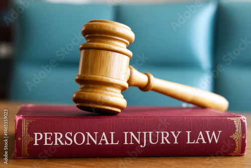 Wooden gavel resting on a personal injury law book.