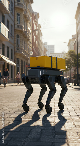 A modern four-legged delivery robot confidently moves along a city street, transporting a parcel. Advanced logistics technology and autonomous management make delivery efficient and innovative.
