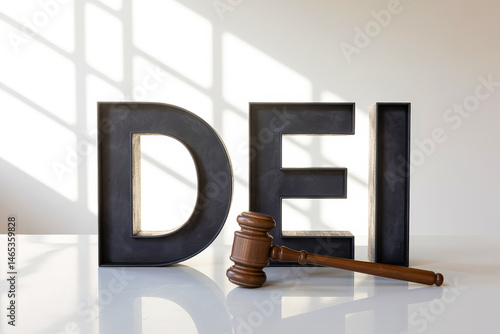 Gavel next to DEI letters in a sunlit room.