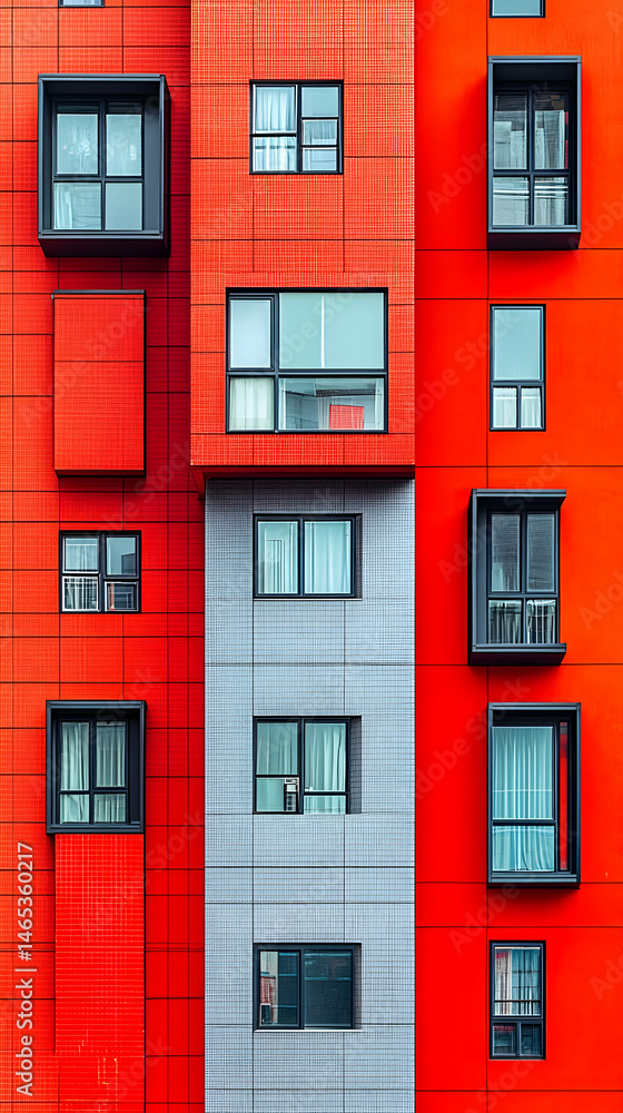 Fototapeta premium Modern apartment building facade with contrasting red and gray panels and dark windows