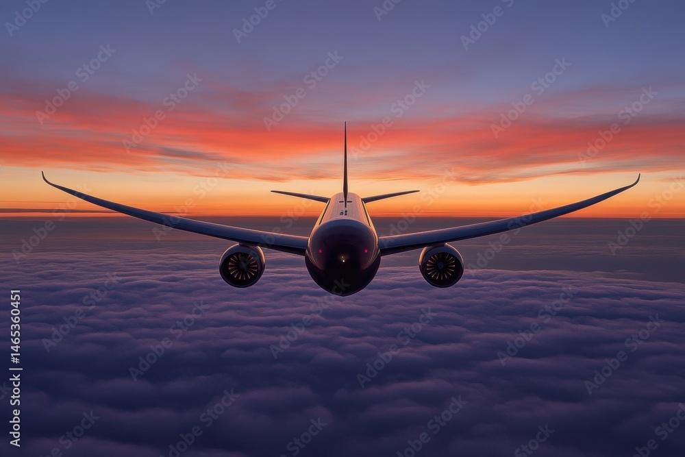Passenger airplane flying above clouds during sunset