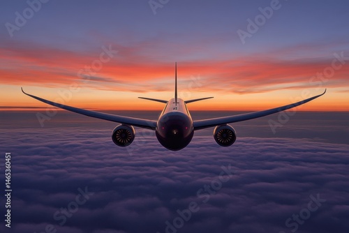 Obraz na płótnie Passenger airplane flying above clouds during sunset w salonie