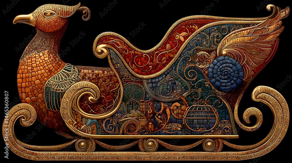 Naklejka premium Ornate bird-drawn sleigh, detailed mosaic design