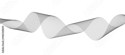 Abstract vector design featuring smooth gray wave lines flowing horizontally across a light background. The waves should have a soft gradient and overlapping transparency effects.