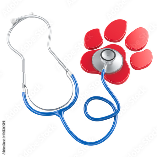 Stethoscope with silhouette of animal paw print. Veterinary care, concept. 3D rendering isolated on transparent background
