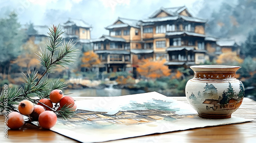 Tranquil scene of a traditional Chinese village, with autumnal colours, a ceramic vase, and a painting