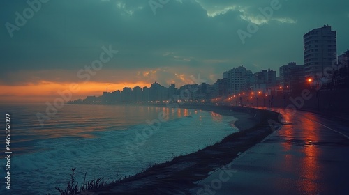 Marine Drive Magic: The Queen's Necklace Shimmers as City Lights Reflect on the Wet Road at Twilight in Bustling Mumbai.