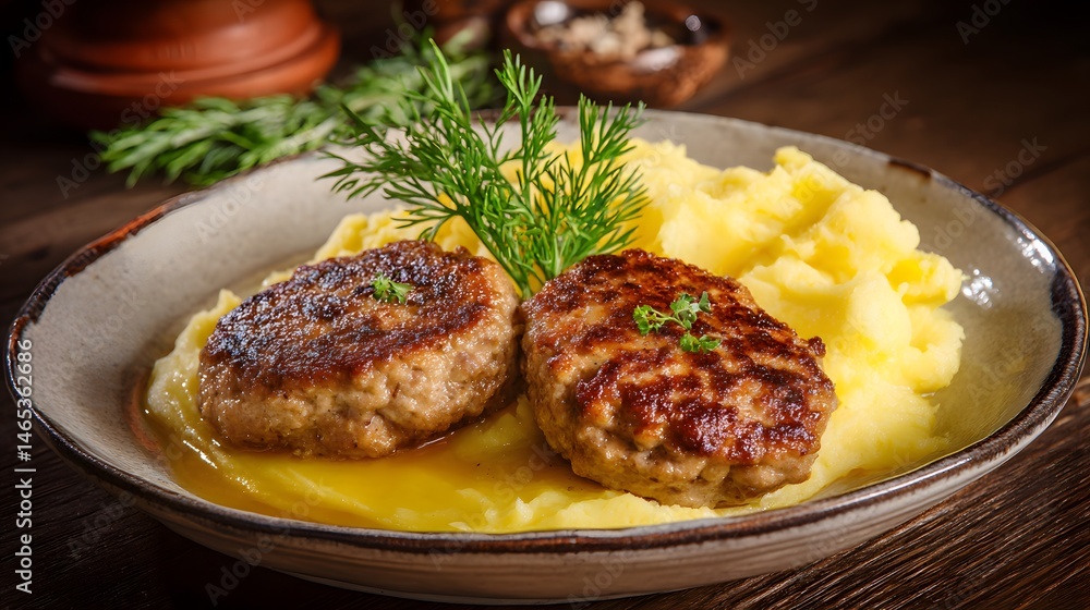 Two savory patties served alongside fluffy mashed potatoes, garnished with fresh dill on a plate. Two savory patties served alongside fluffy mashed potatoes, garnished with fresh dill on a plate.