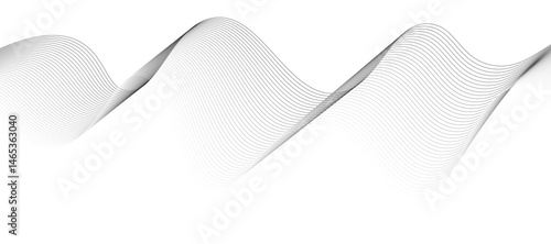 Abstract vector design featuring smooth gray wave lines flowing horizontally across a light background. The waves should have a soft gradient and overlapping transparency effects.