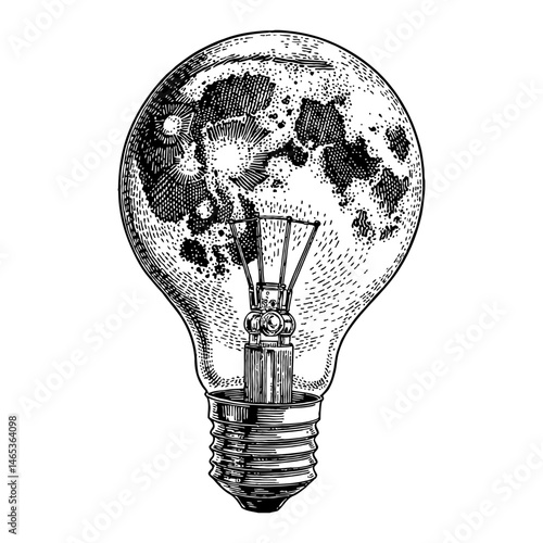 Detailed Moon Inside a Light Bulb Black and White Outline Line Art Drawing Illustration