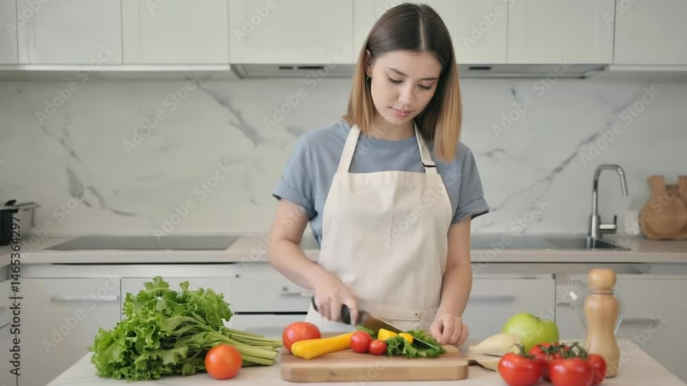 Woman chopping vegetables in kitchen Woman chopping vegetables in kitchen