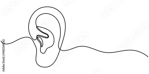 Human ear continuous single line drawing, Parts of five human senses, drawing with one continuous line with stroke vector illustration, ear continuous one line drawing. 