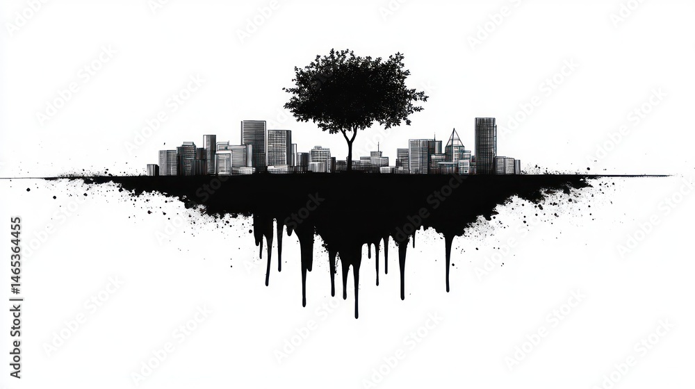 Obraz premium Monochromatic cityscape illustration with dripping ink effect.