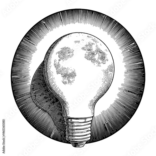 Detailed Moon Textured Light Bulb with Shining or Sunburst Effect Black and White Outline Line Art