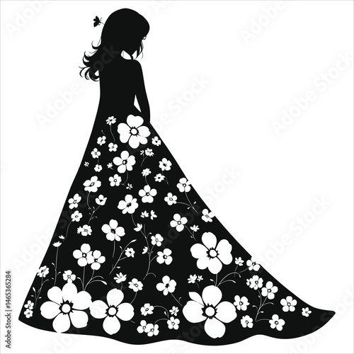 Vector Silhouette of a Woman in a Floral Dress( Spring floral dress)/A captivating silhouette of a woman wearing a long, flowing dress adorned with a beautiful floral pattern.