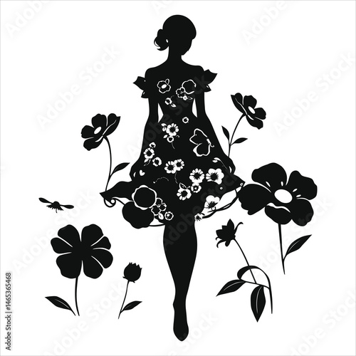 Vector Silhouette of a Woman in a Floral Dress Amidst Blossoms/A striking black and white silhouette of a woman wearing a floral dress surrounded by various flowers and leaves.