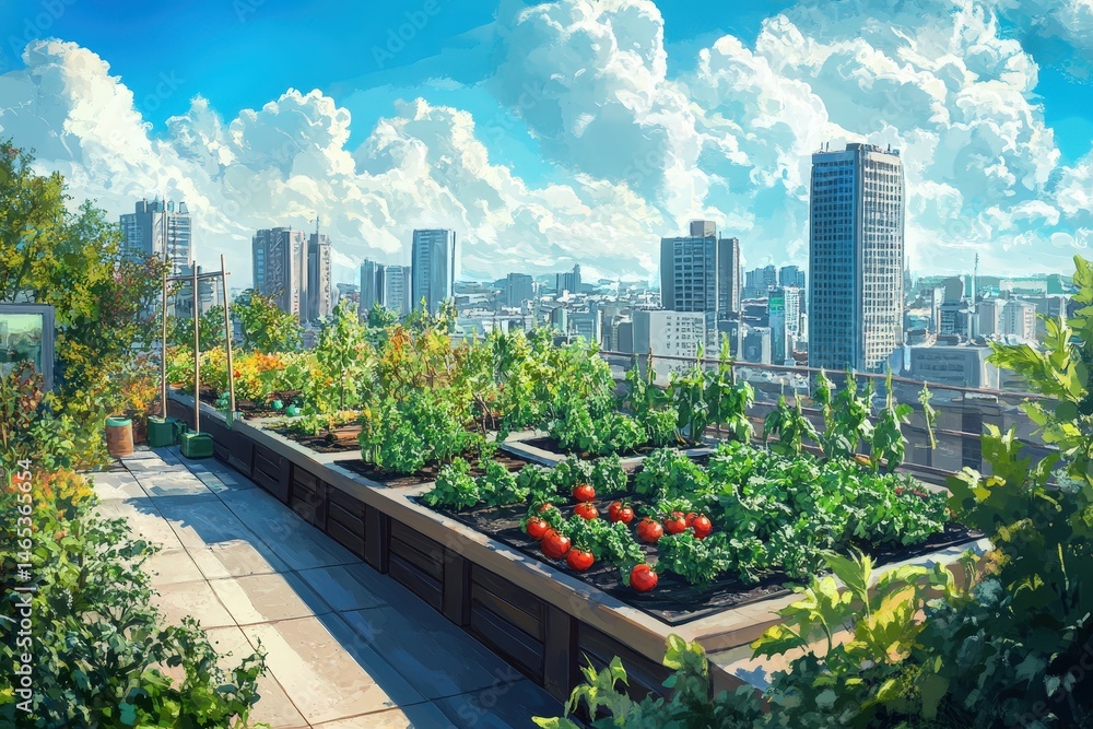 Fototapeta premium Urban rooftop garden with city views, a vibrant green space.