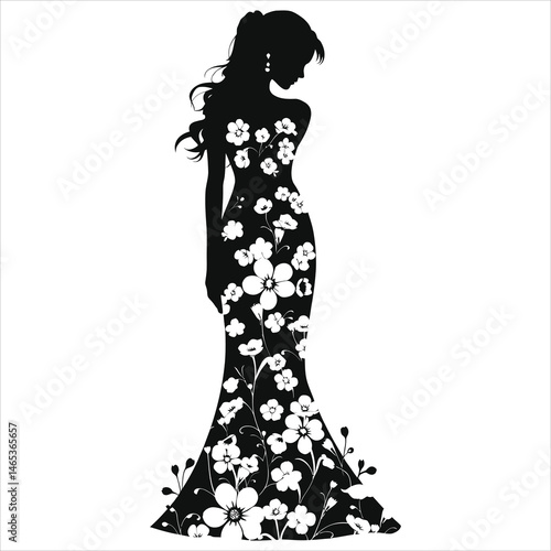 Vector Silhouette of a Woman in a Floral Gown/A stunning black and white silhouette of a woman wearing a floral gown.( Spring floral dress)