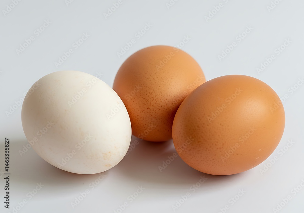 A close up shot of three eggs one white and two brown on a white surface in a studio setting A close up shot of three eggs one white and two brown on a white surface in a studio setting