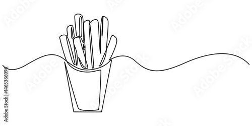 one continuous drawn line of french fries drawn from the hand picture silhouette. Line art. fast food food potato cooked in flint, French fries in continuous line art drawing style. Fried potato stick