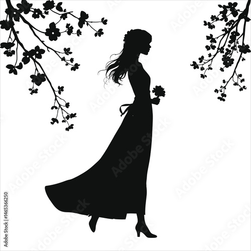 Vector Silhouette of a Woman in a Floral Dress under Cherry Blossoms(Spring floral dress)