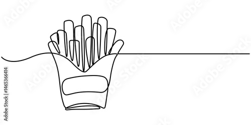 French fries in continuous line art drawing style. Fried potato sticks minimalist black linear sketch isolated on white background. Vector illustration, One line drawing.                             