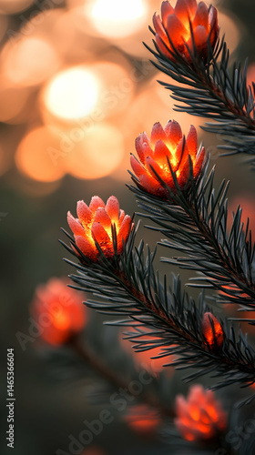 Radiant flowers on a pine branch at sunset