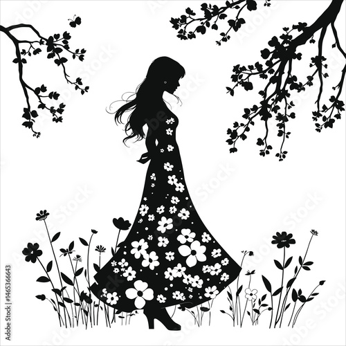 Vector Silhouette of a Woman in a Floral Dress amidst Spring Blossoms(Spring floral dress)/A captivating black and white silhouette of a woman wearing a floral dress, surrounded by stylized spring flo