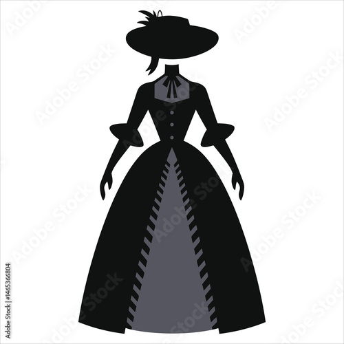Vector Silhouette of a Victorian-Era Woman in a Formal Gown(Victorian dress)/A stylish black and grey silhouette of a woman wearing a classic Victorian-era gown and hat.
