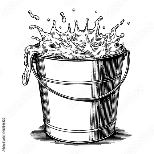 Steel Bucket Full of Water Spilling Out Black and White Outline Line Art Drawing