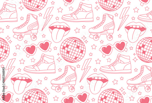 Seamless pattern with fashion accessories in 80s style. Doodle pink disco background