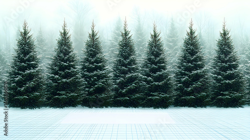 Snowy forest of evergreens on a snow-covered plain