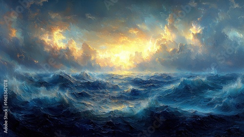 Majestic sunset over turbulent ocean waves with dramatic clouds and light