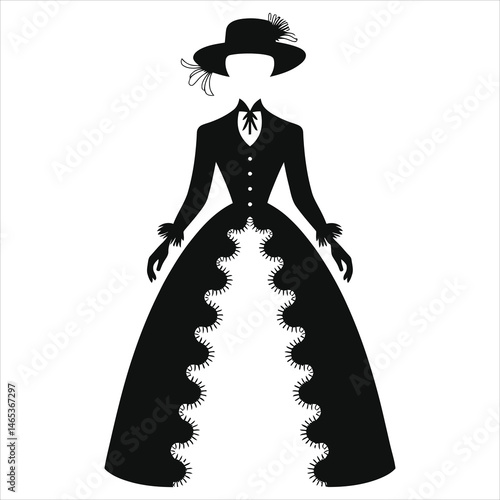 Elegant Vintage Lady's Dress Vector Silhouette Against a Light Background(Victorian dress)/A sophisticated silhouette of a woman wearing a vintage-style dress and hat.