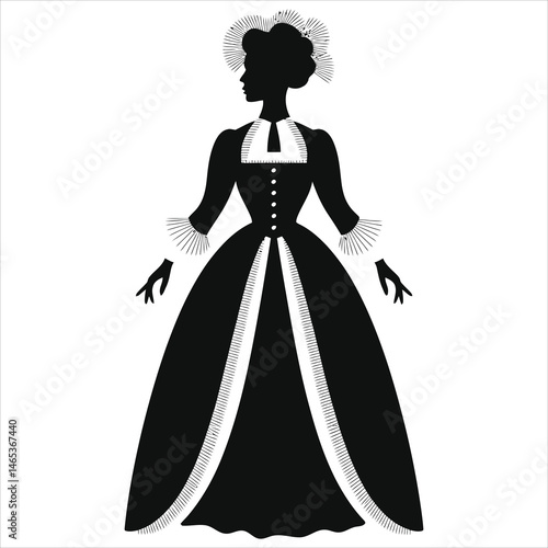 Elegant Vector Silhouette of a Woman in a Vintage Gown(Victorian dress)//A sophisticated silhouette of a woman wearing a classic, elaborate vintage gown.