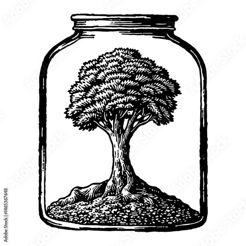 A Tree Inside a Jar Black and White Outline Line Art Drawing Isolated in White Background