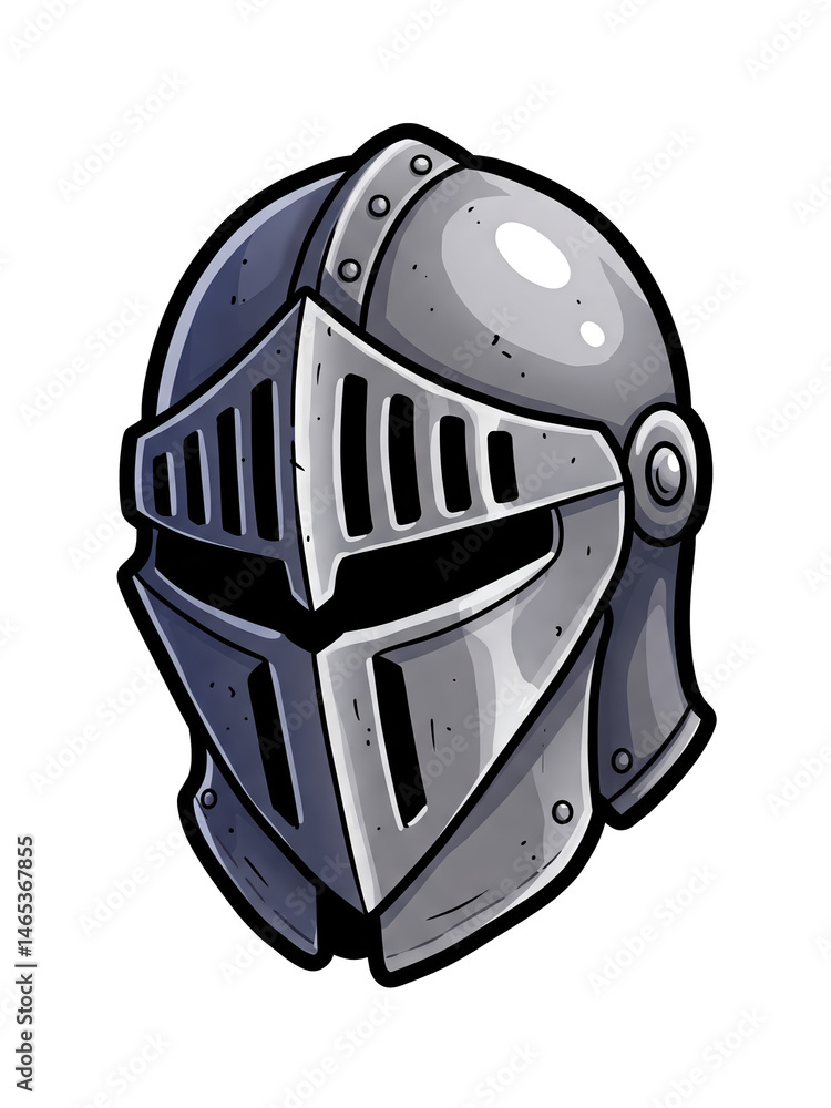 Fototapeta premium Cartoonish knight helmet with a rounded top, narrow eye slits, and exaggerated cheek guards, stylized RPG equipment, a Transparent Background.