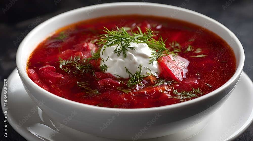 A visually appealing bowl of borscht, a classic, vibrant beetroot soup, garnished with fresh dill and cream. A visually appealing bowl of borscht, a classic, vibrant beetroot soup, garnished with fresh dill and cream.