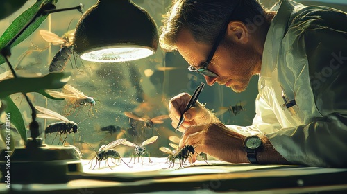 Illustration of an entomologist studying bug behaviors